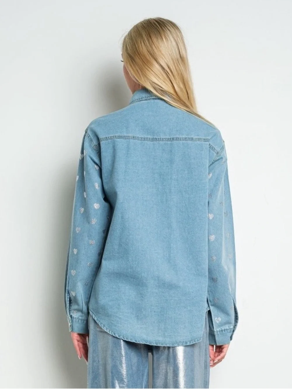 Kiwi Light Blue Denim Button-Down Shirt with Silver Heart Print
